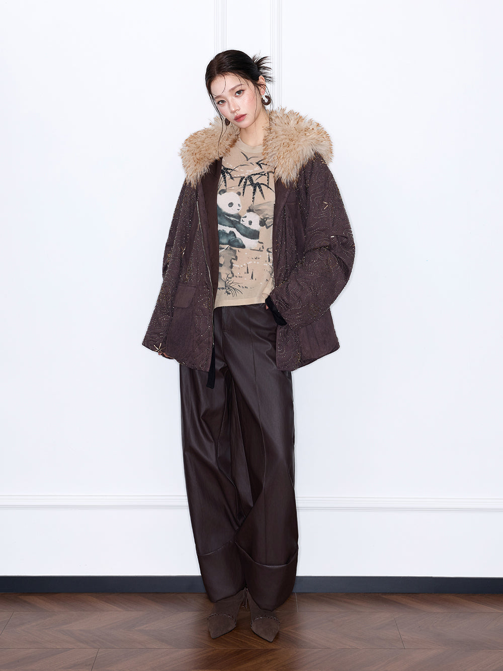 MUKZIN“Capsule Collection”Oversized Fur Collar Puffer Coat Coffee Metallic Print Casual Winter Jacket