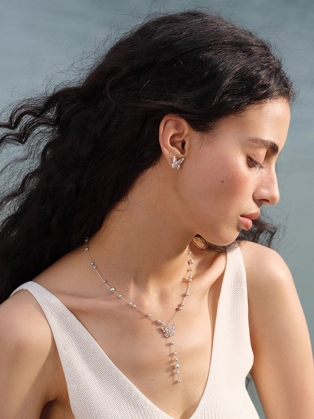 MUKTANK×SUN HUNTER “Emergence”Baby's - Breath Lace Butterfly Y - shaped Necklace