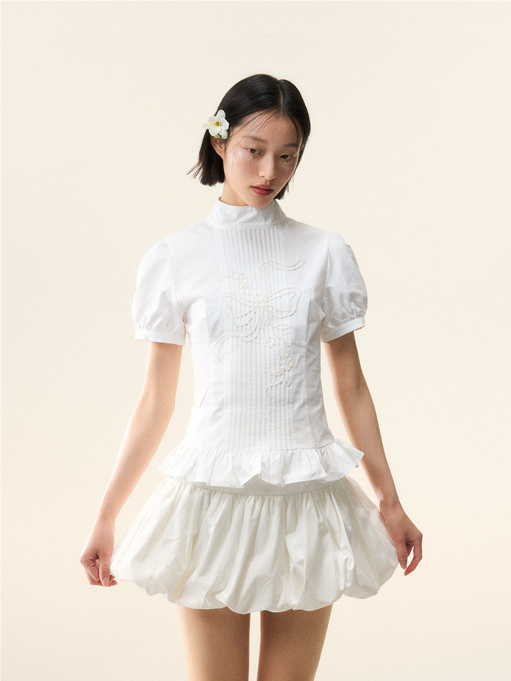 MUKTANK×LOUMUTAKU Short-sleeved Shirt with Butterfly Bead Embroidery