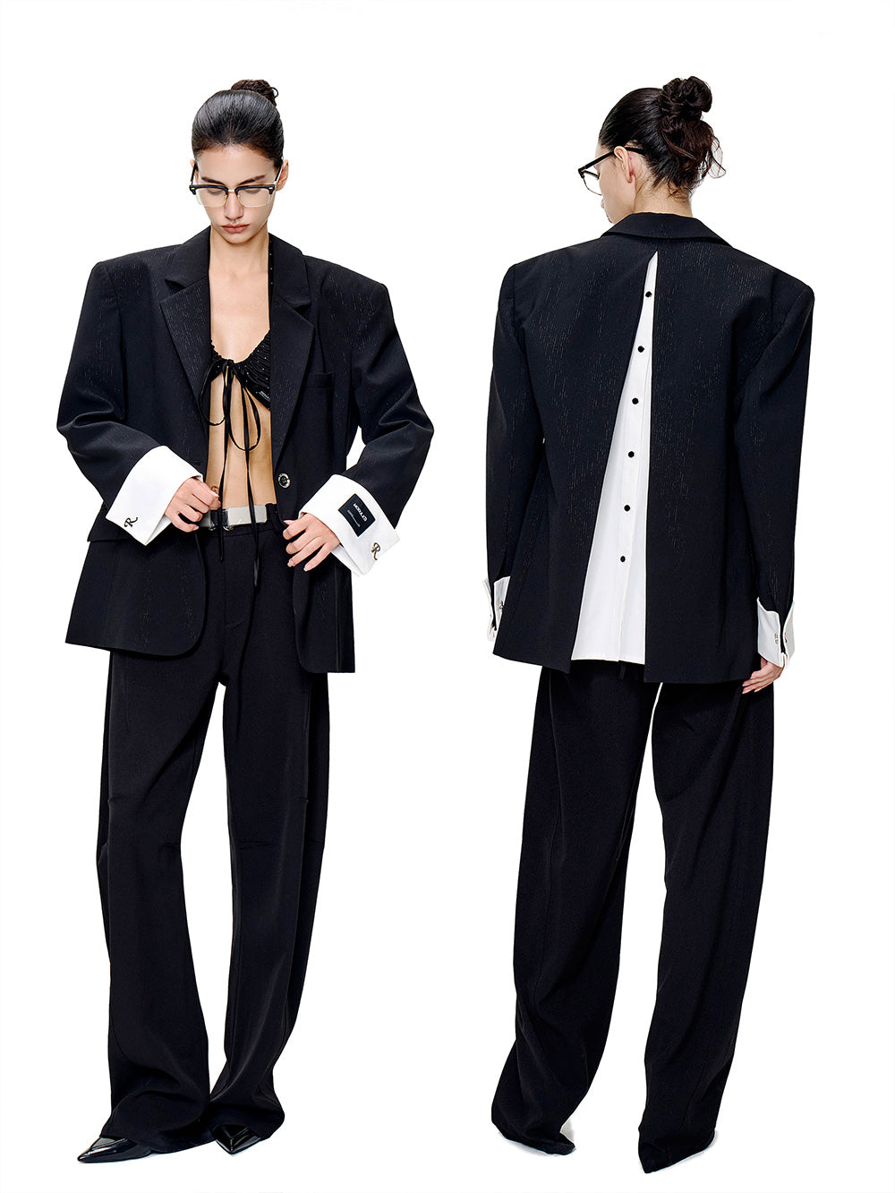 MUKTANK×MODULER Back Slit Patchwork Faux Two-Piece Turn-Down Sleeve Blazer