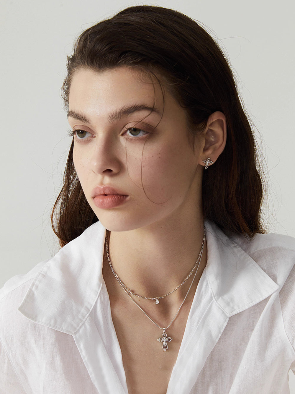 MUKTANK×SUN HUNTER Lace cross double-layer teardrop necklace