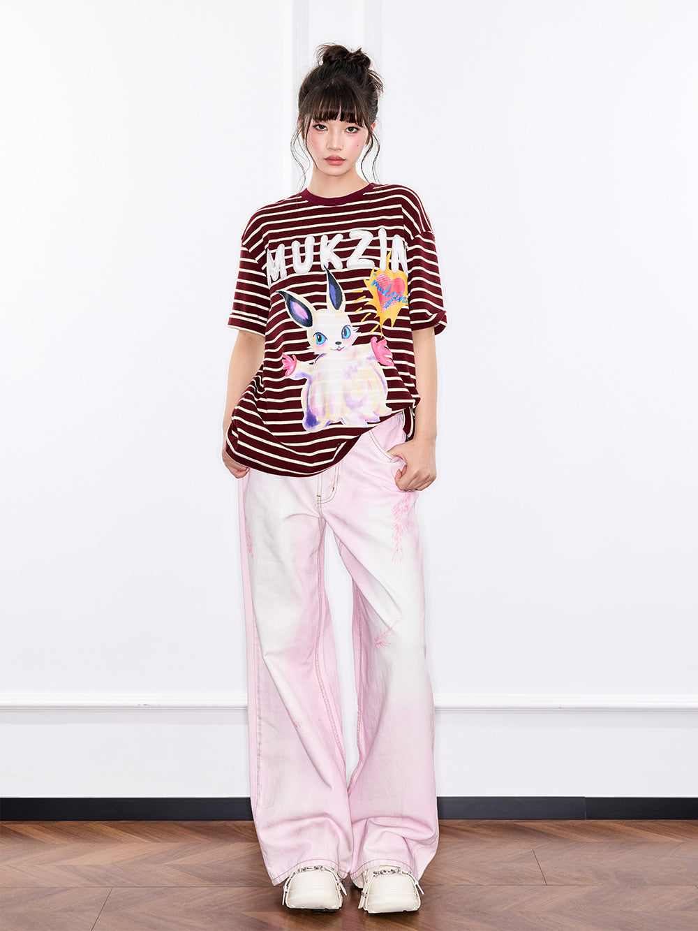 MUKZIN "Ode to the New Summer" Burgundy Striped Cute Rabbit T - shirt