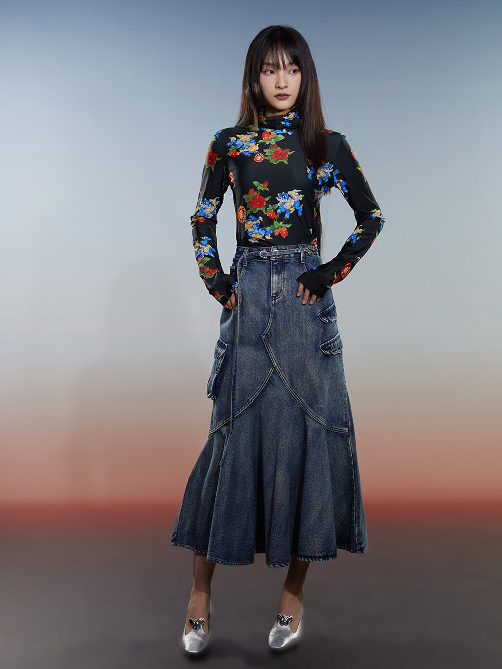 Thickened Fleece-Lined Autumn & Winter National Style Printed Turtleneck Base Shirt