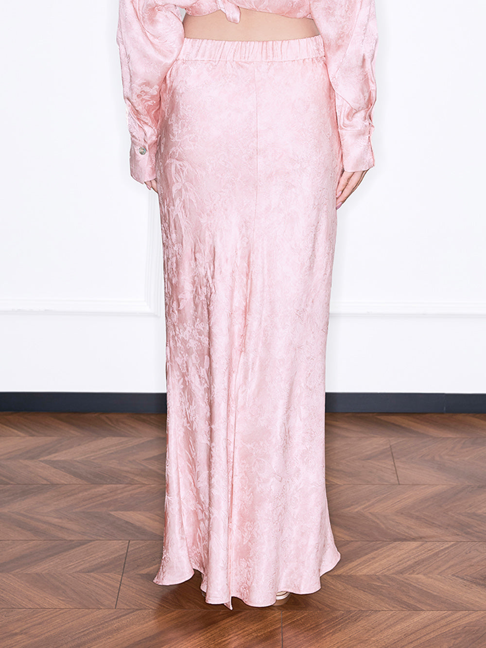 MUKZIN“Realm of Ethereal Mist”National Style Pink Jacquard Satin High-slit Slim Long Midi Skirt