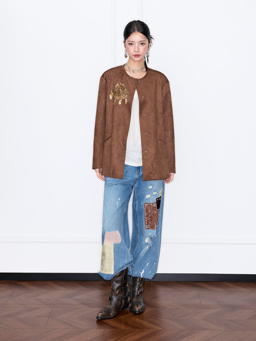 MUKZIN“Capsule Collection”Brown Suede-like Round Neck Jacket with Embroidered Accents - Loose Fit