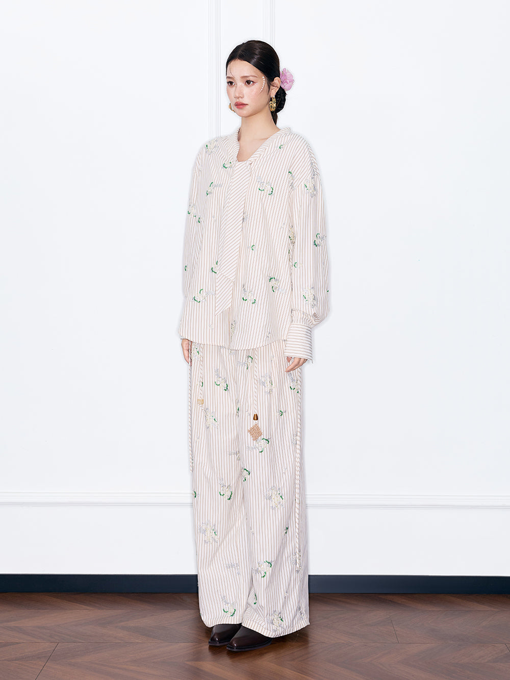 MUKZIN“Night Ballad of Chang'an”Striped Floral Embroidered Wide-Leg Pants | Oriental Tassel Tie-Waist Trousers