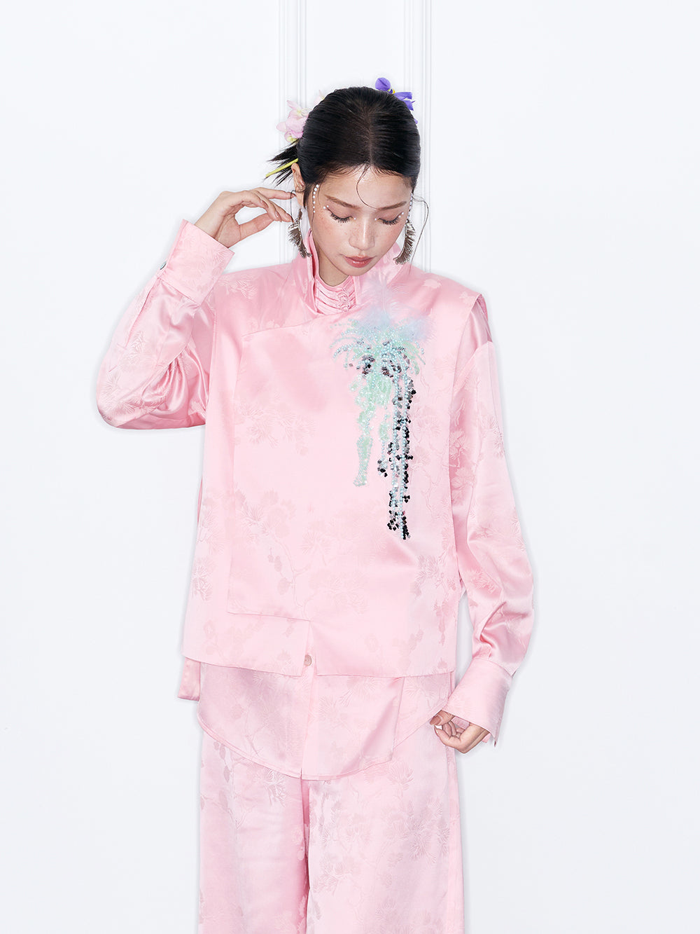MUKZIN“Capsule Collection”Oriental Style Satin Shirt New Chinese Mandarin Collar Blouse
