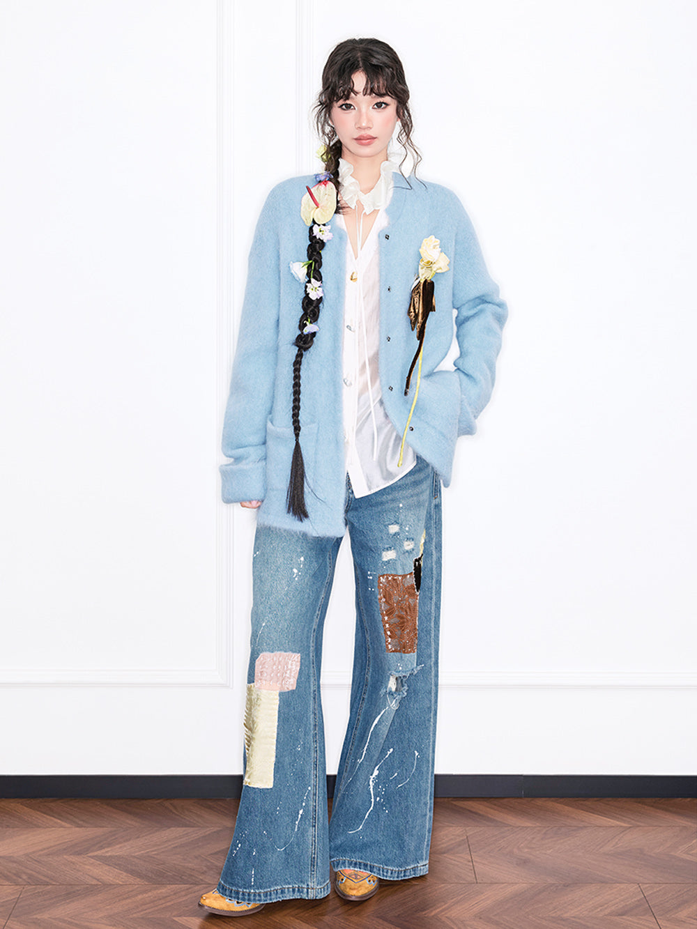 MUKZIN“Realm of Ethereal Mist”Light Blue Fuzzy Cardigan with Floral Decoration