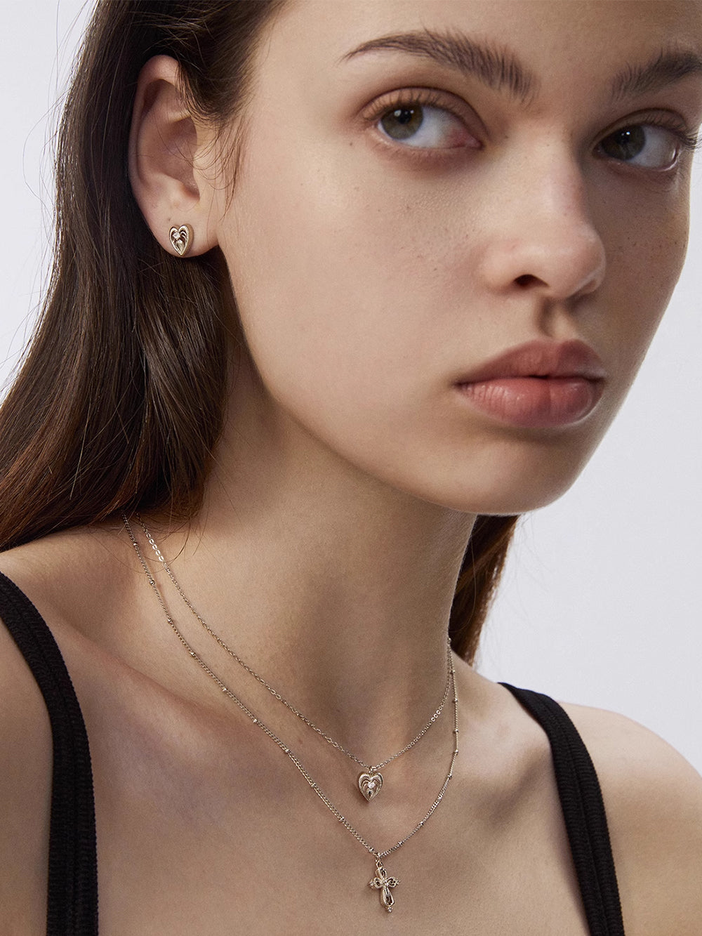 MUKTANK×SUN HUNTERCross and heart double-layer necklace