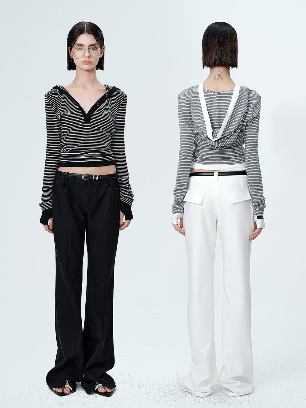 MUKTANK×MODULER Striped hooded V-neck Knitted Top With a Slim Fit and Contrasting Color Splicing