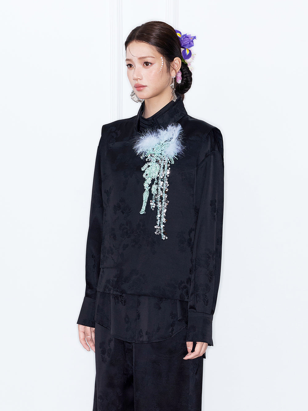 MUKZIN“Capsule Collection”Oriental Style Satin Shirt New Chinese Mandarin Collar Blouse