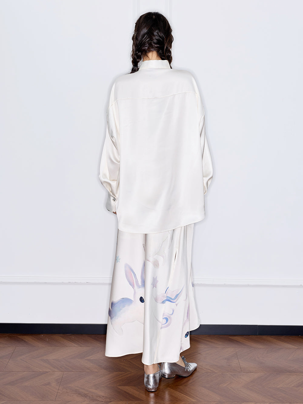 MUKZIN“Capsule Collection”Modern Chinese Style Jade Rabbit Print Drapey Midi Skirt