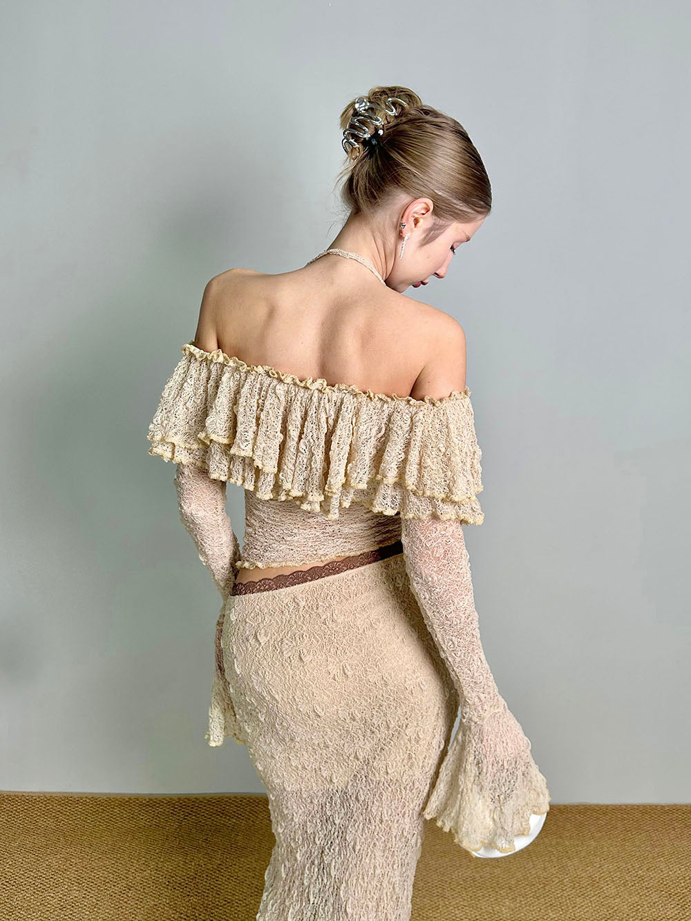 MUKTANK×Jqwention Bubble Texture Off Shoulder Fringe Slim Two Piece Top