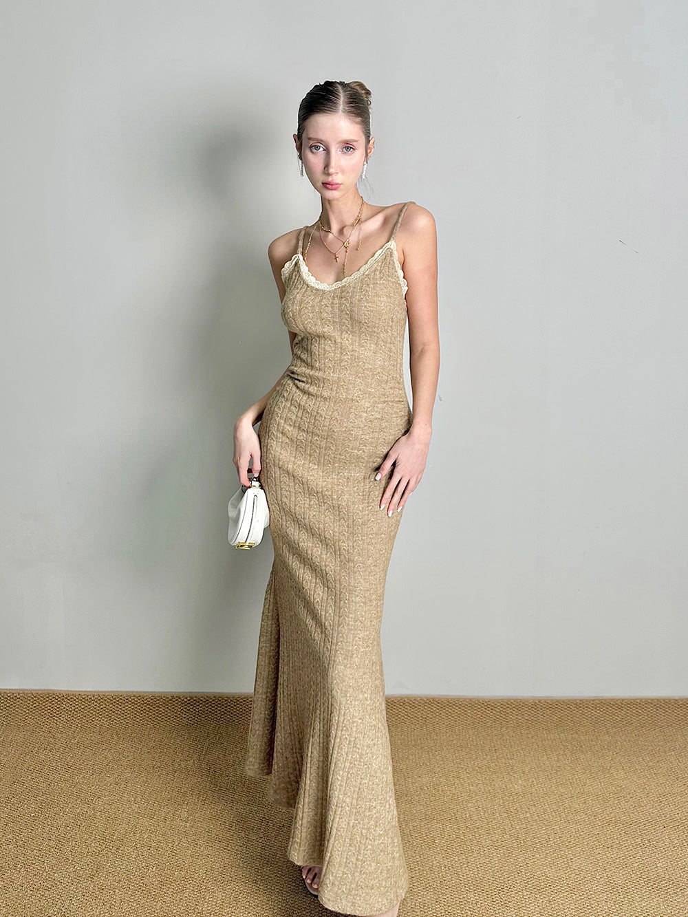 MUKTANK×Jqwention Patchwork V-Neck Slim-Fit Knit Lace Two-Piece Dress