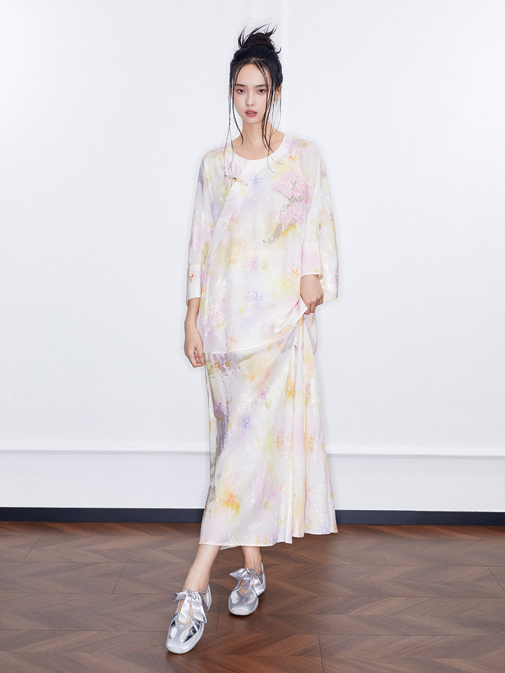 MUKZIN SpringPrelude Spring Mountain Drunk Gradient Printing Side-slit Big A-line Umbrella Skirt