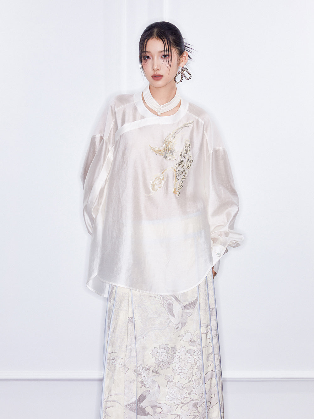 MUKZIN  SpringPrelude Chanting Pine Chinese - style Round - collar Translucent Traditional - style Shirt