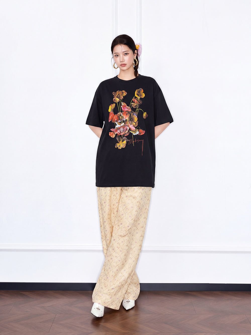 MUKZIN "Flourishing Blooms" Chinese Trend Artistic Floral Loose Black Short-Sleeve T-Shirt