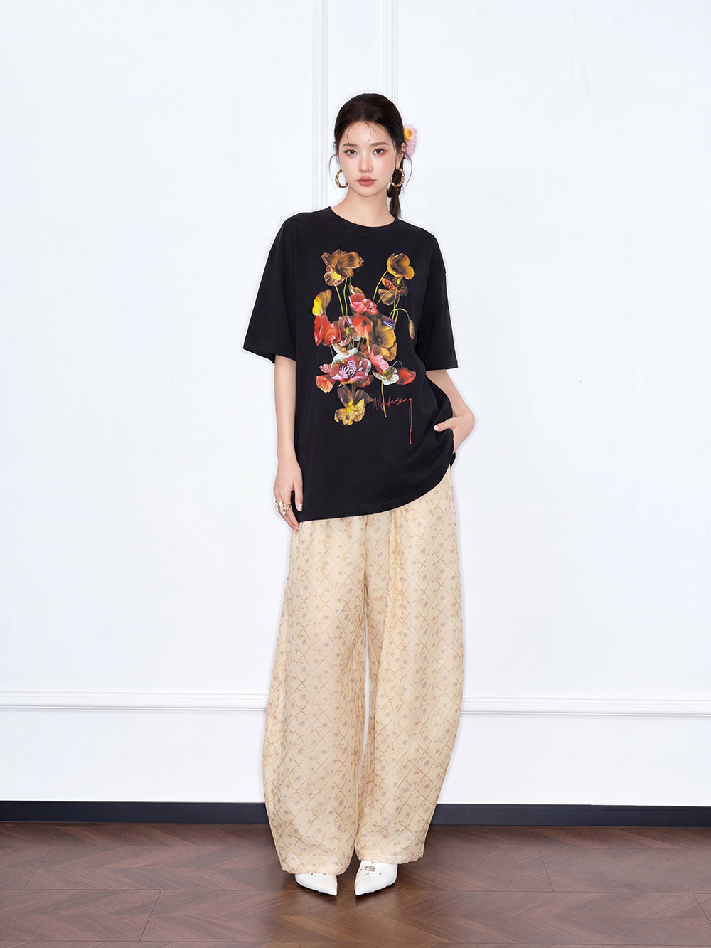 MUKZIN "Flourishing Blooms" Chinese Trend Artistic Floral Loose Black Short-Sleeve T-Shirt