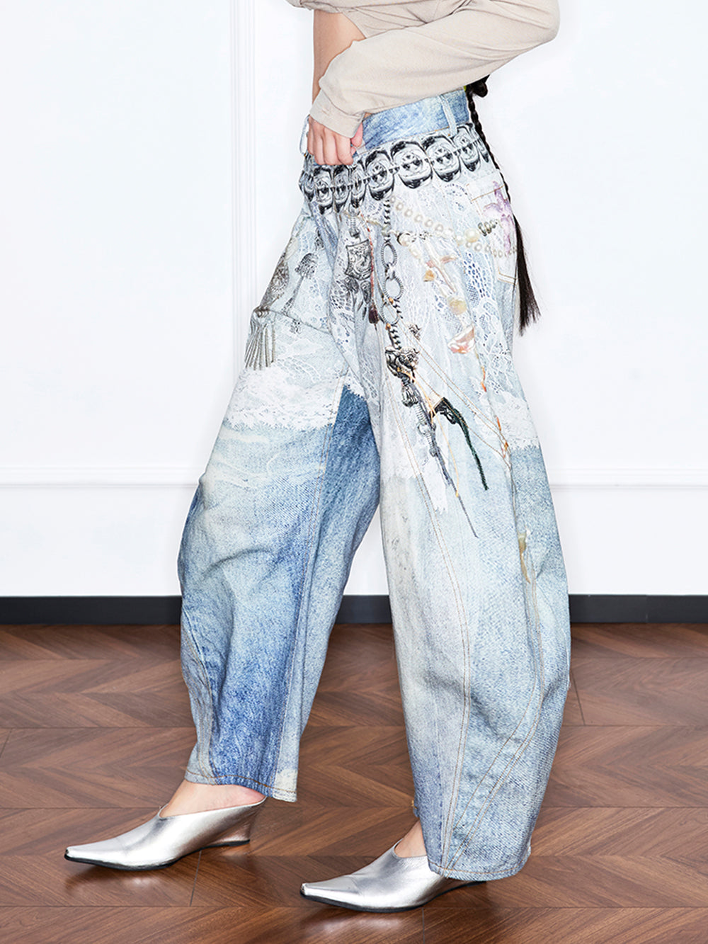 MUKZIN“Realm of Ethereal Mist”Apron - Style Lace - Printed 弯刀 Jeans