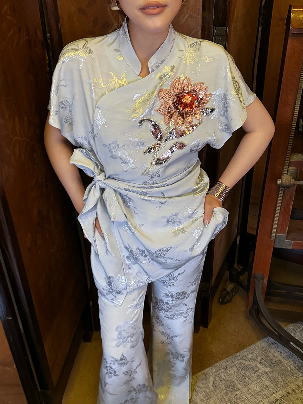 MUKZIN“Capsule Collection”Light Blue Chinese - style Frog Button Floral Embroidered Waist - cinching Top