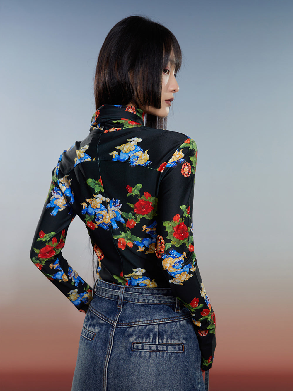 Thickened Fleece-Lined Autumn & Winter National Style Printed Turtleneck Base Shirt