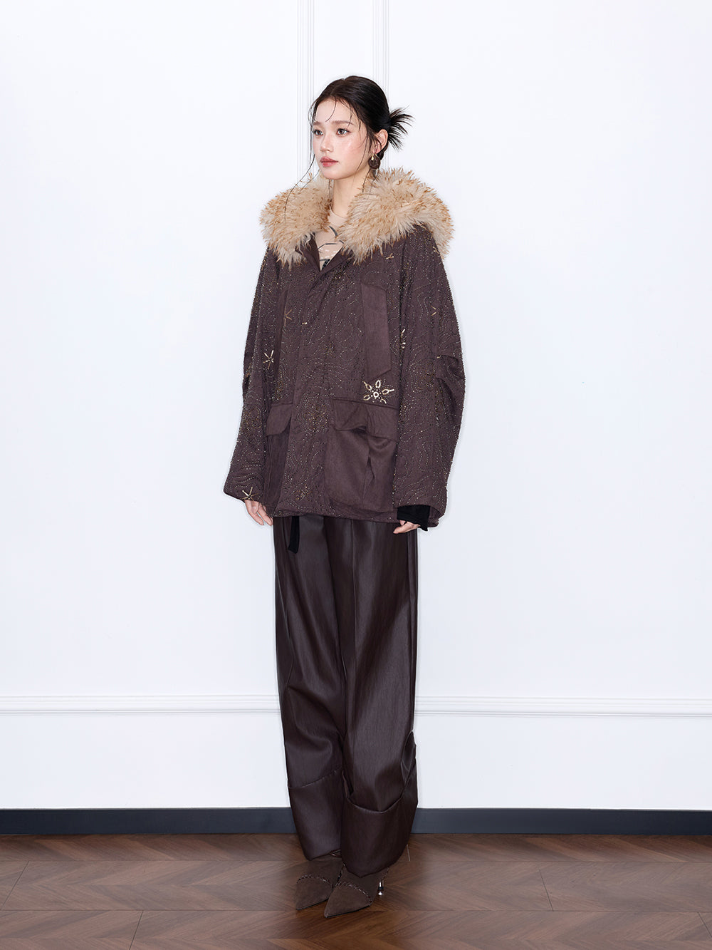 MUKZIN“Capsule Collection”Oversized Fur Collar Puffer Coat Coffee Metallic Print Casual Winter Jacket