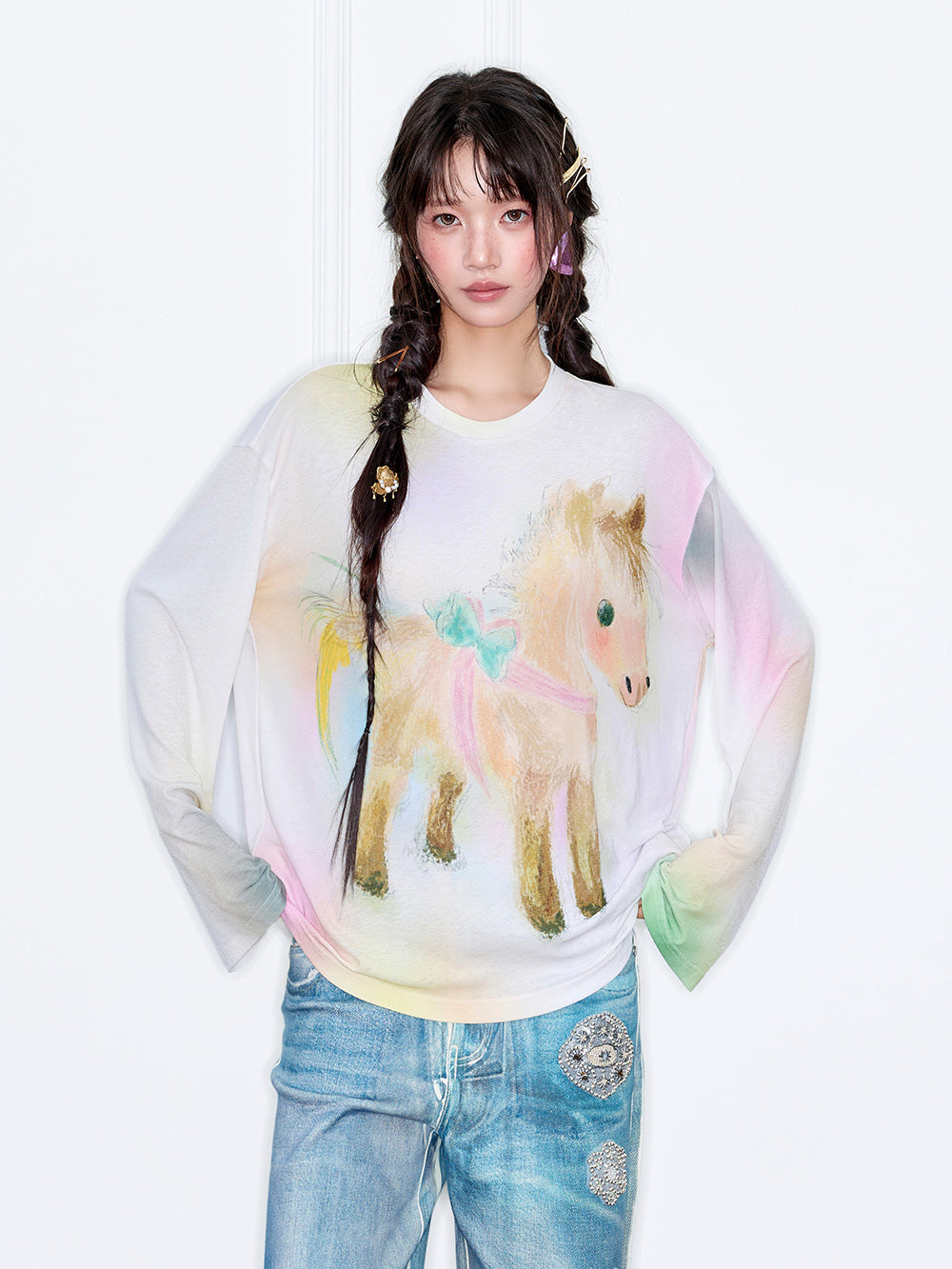 MUKZIN“The Sequence of Deer's Call”Macaron Gradient Pony Print Oversized Sheer Long-Sleeve Top
