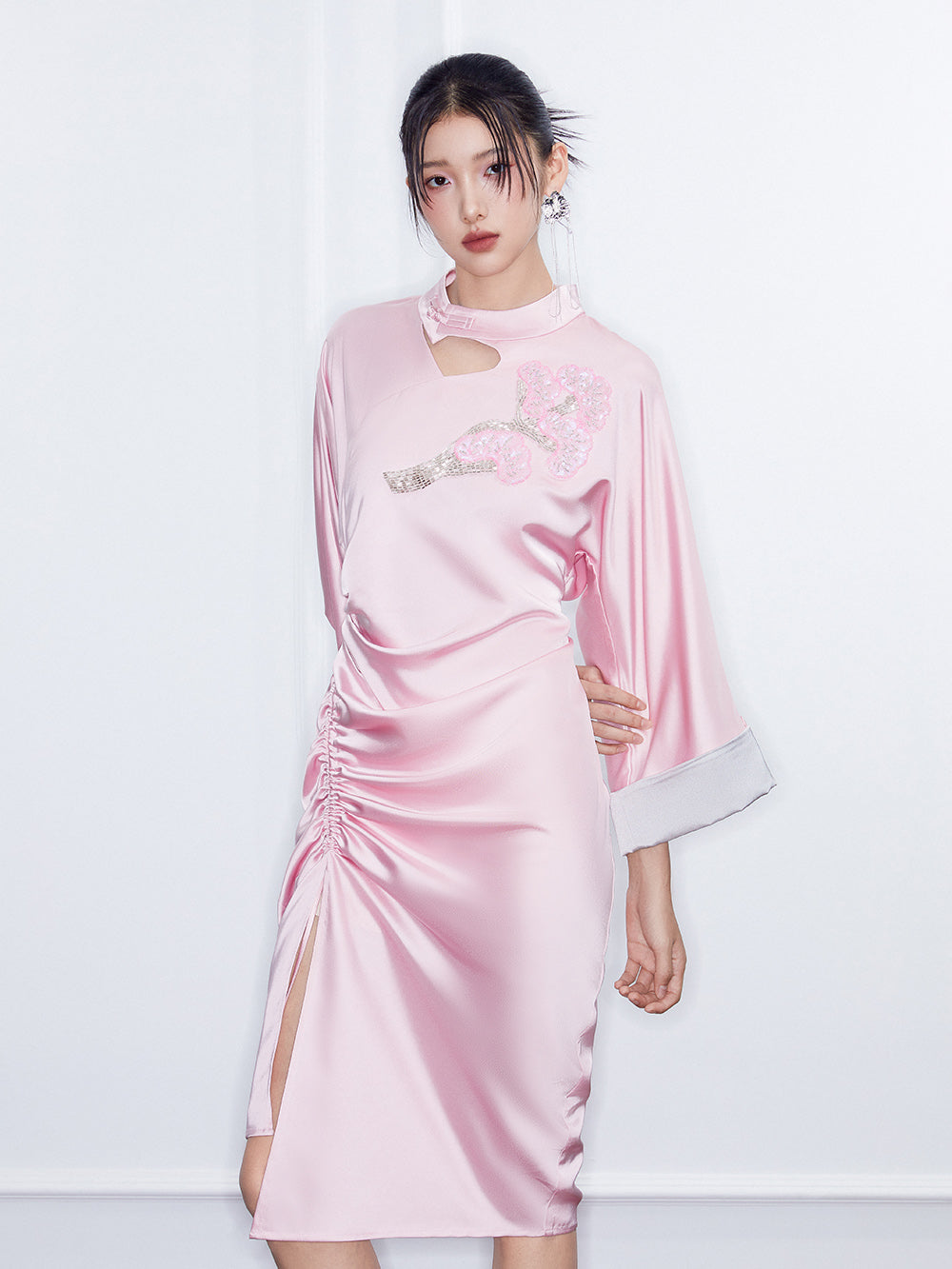 MUKZIN SpringPrelude"Wind in the Pines" New Chinese-style Satin Cheongsam Skirt with Waist Gathers