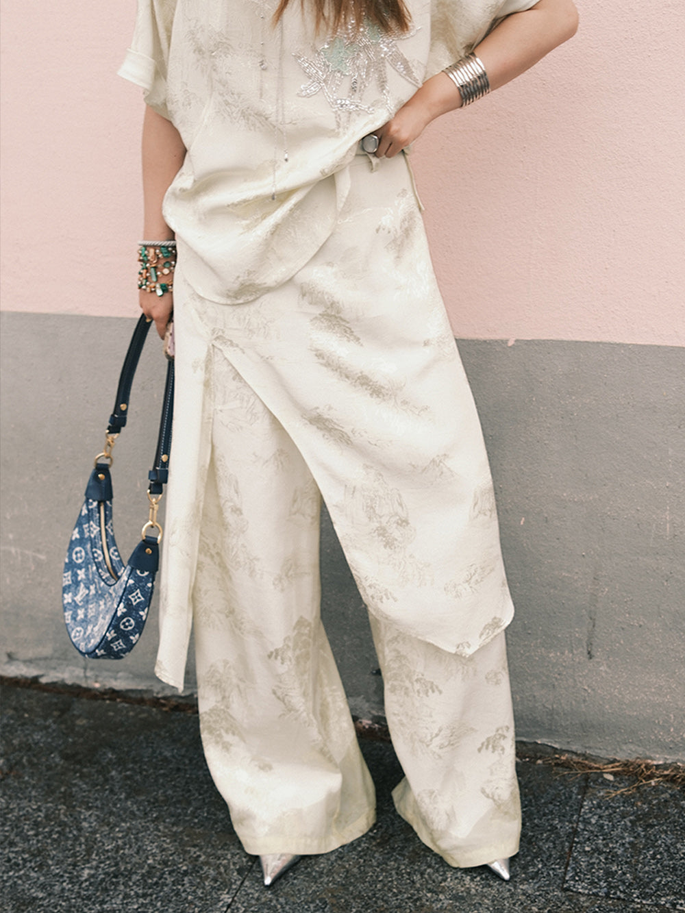MUKZIN“Capsule Collection”Off - White Jacquard Loose Wide - Leg Pants