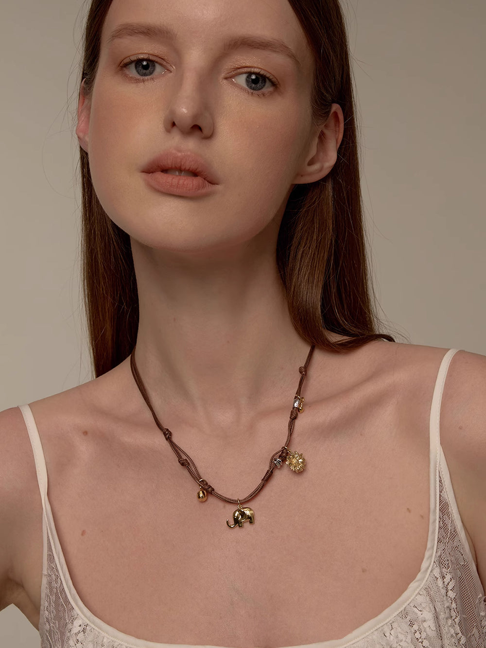 MUKTANK×SUN HUNTER Braided Necklace with Gerbera and Little Elephant Design