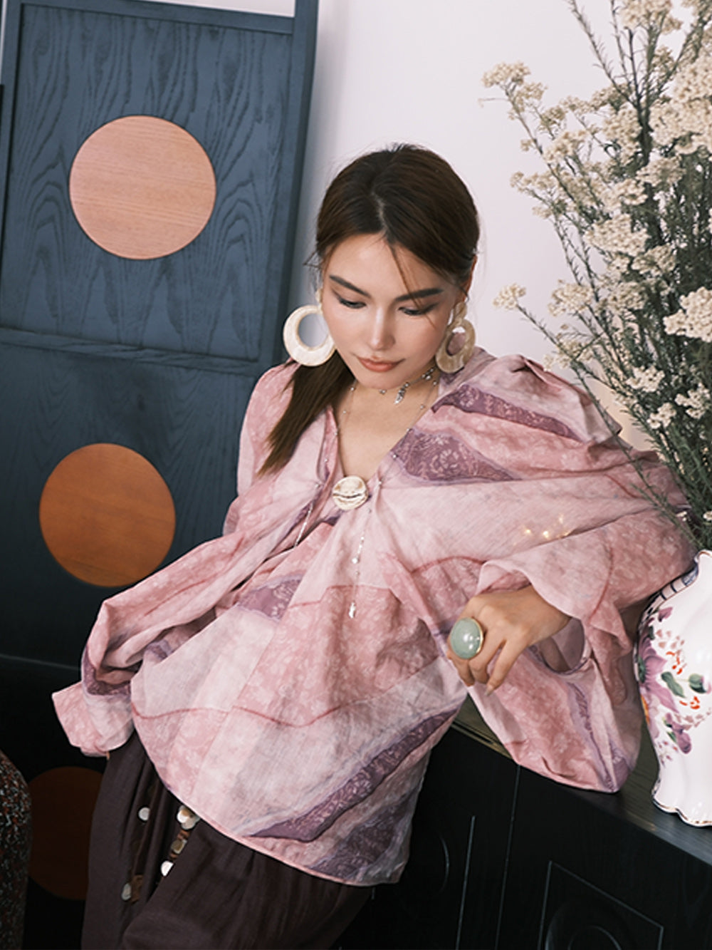 MUKZIN“Capsule Collection”Pink-toned Ombre Lantern Sleeve Blouse
