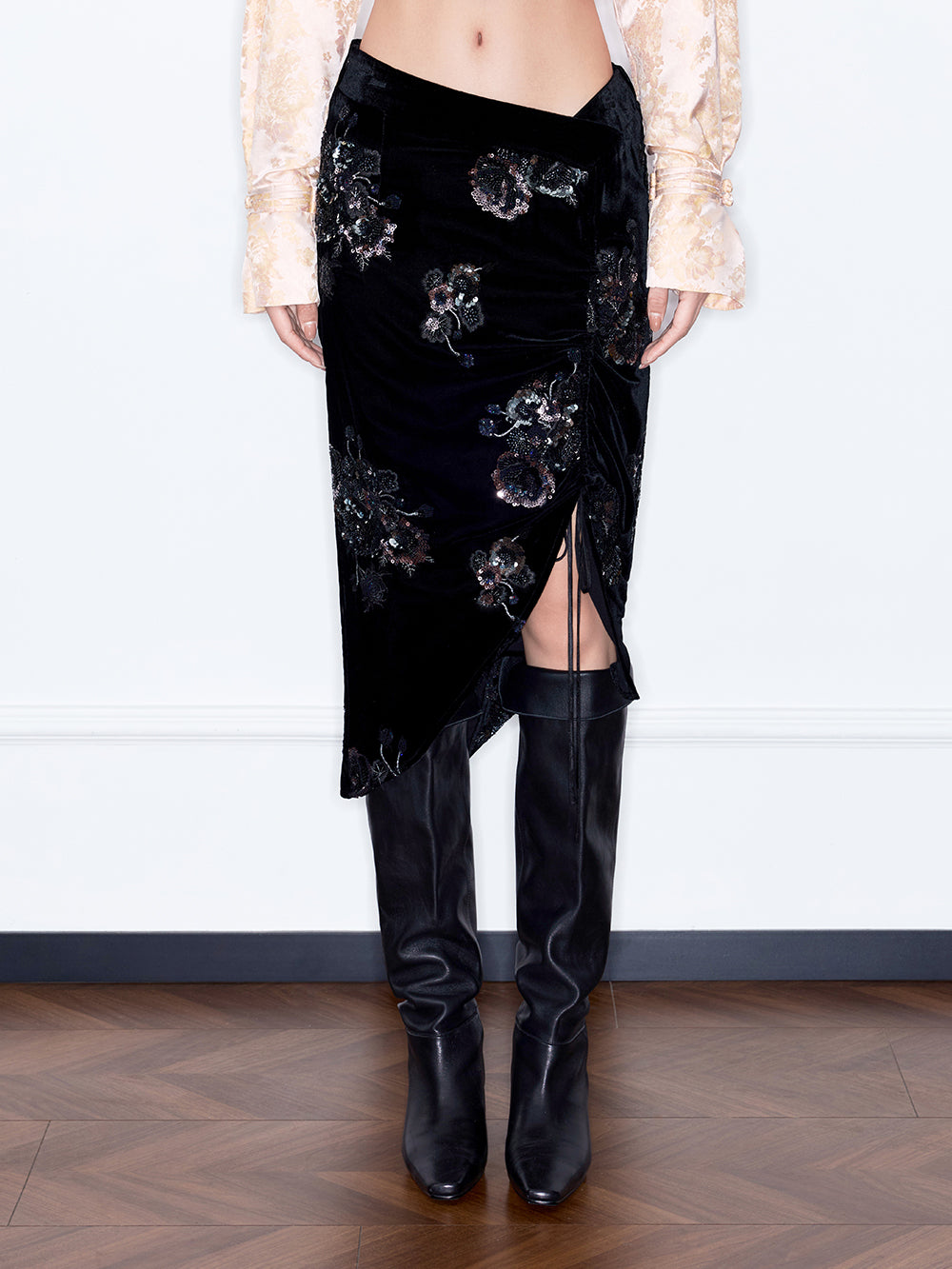 MUKZIN“Capsule Collection”New Chinese Style Heavy Sequin Embroidery Velvet Midi Skirt