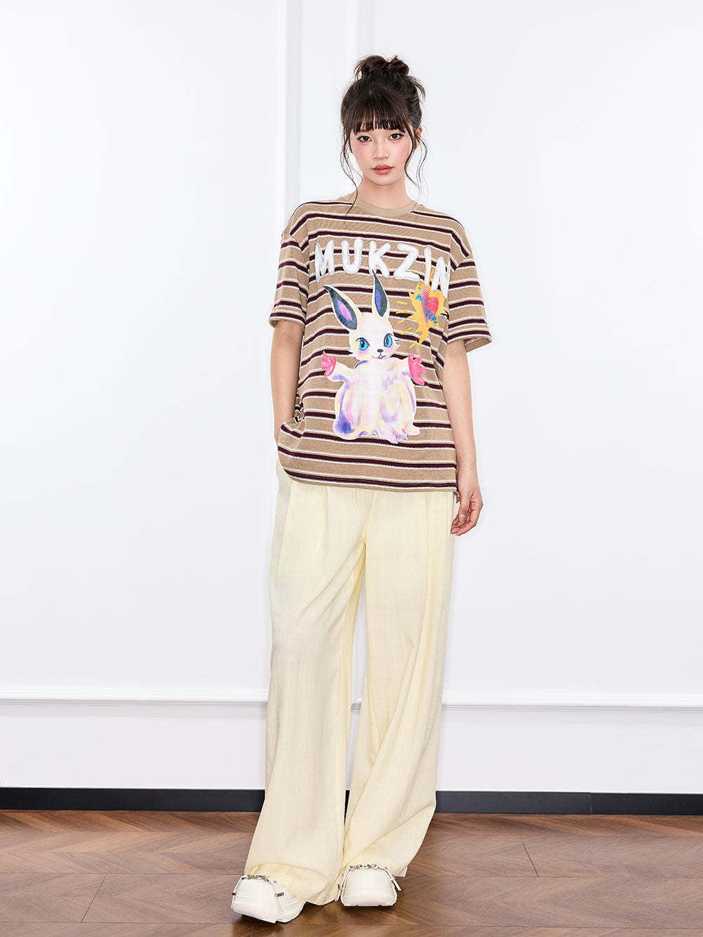 MUKZIN "Ode to the New Summer" Khaki Striped Cute Rabbit T - shirt
