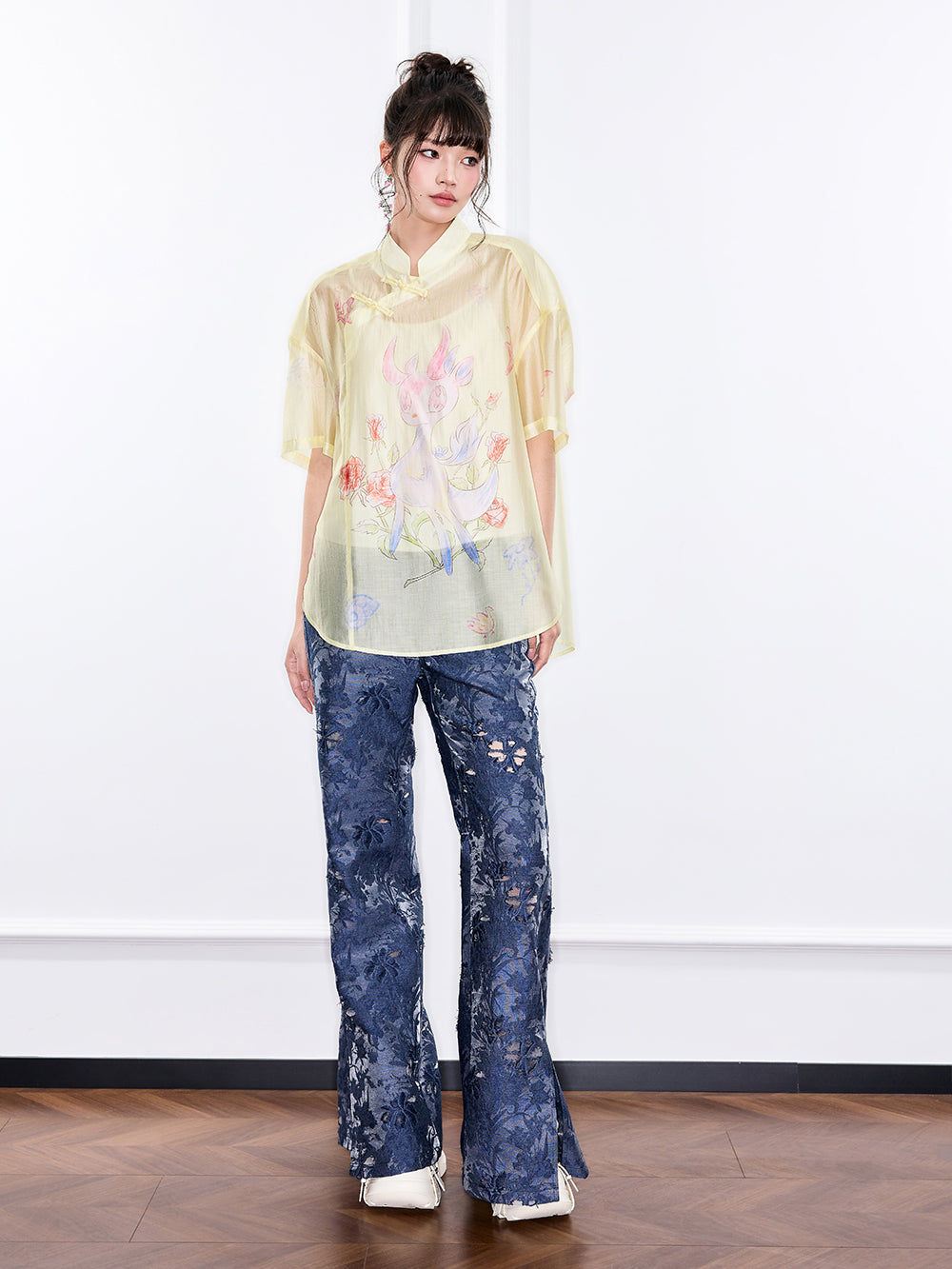 Mukzin "Ode To The New Summer"New Chinese-Style Shirt With Frog Buttons At The Collar And Printed Patterns