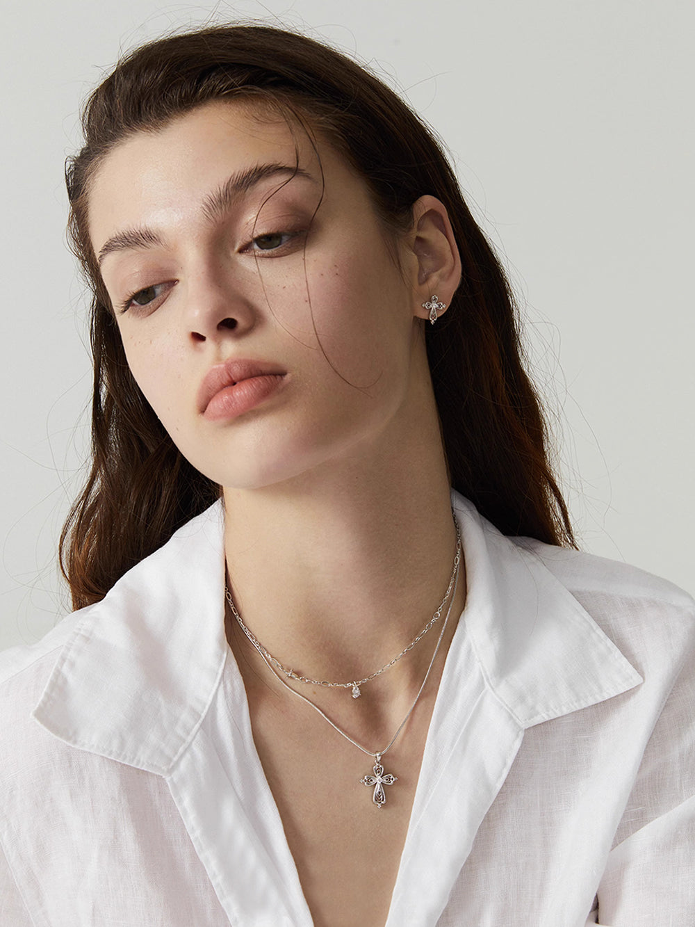 MUKTANK×SUN HUNTER Lace cross double-layer teardrop necklace