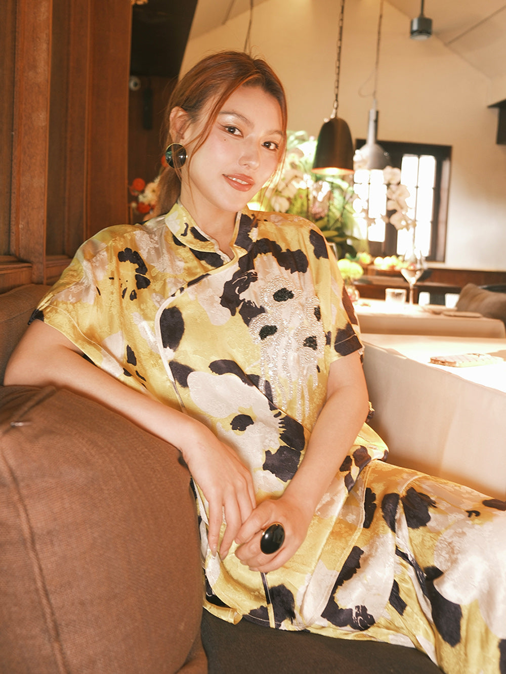 MUKZIN“Capsule Collection”Yellow-based Splatter Print Modified Cheongsam Top