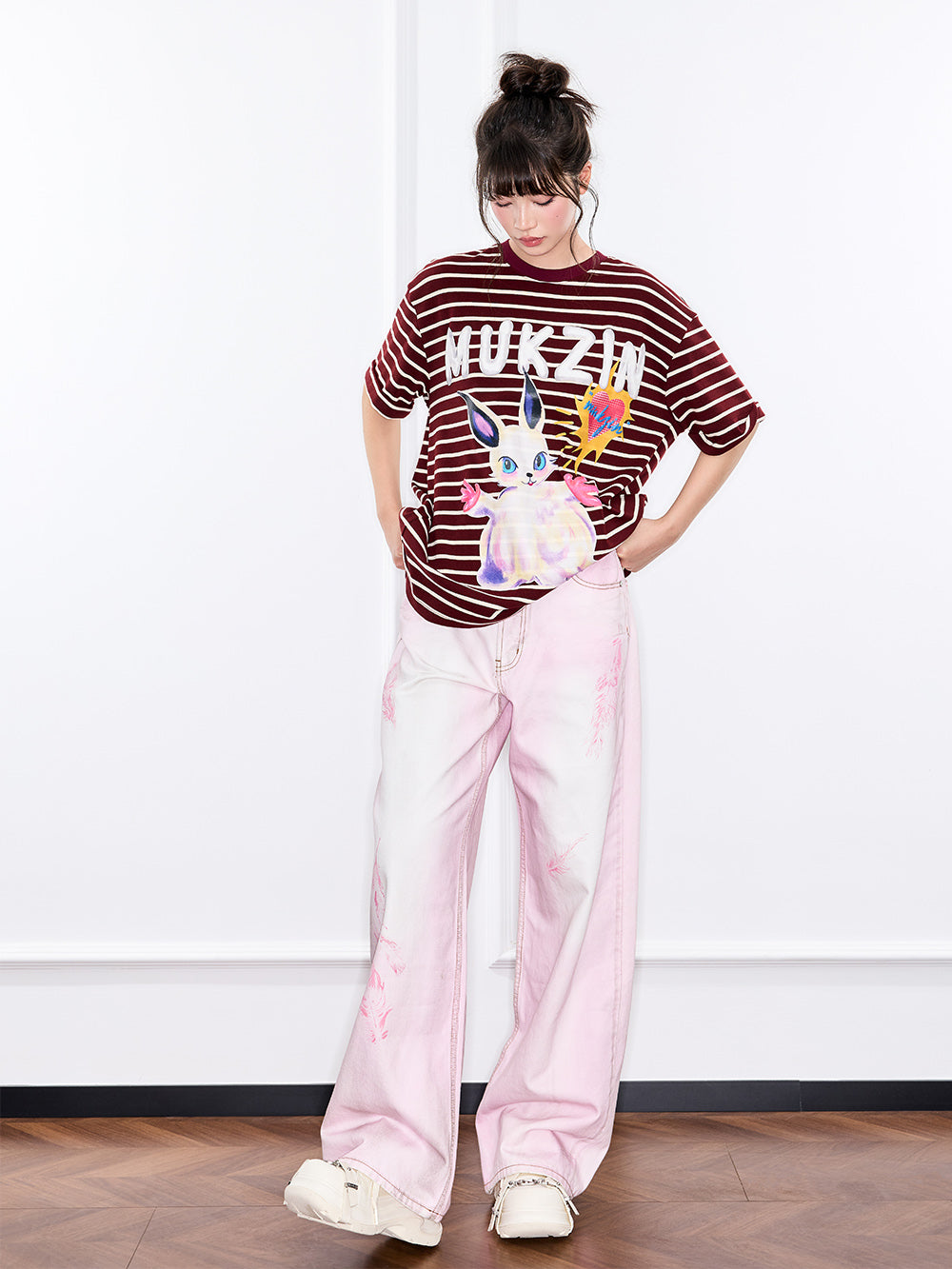 MUKZIN "Ode to the New Summer" Burgundy Striped Cute Rabbit T - shirt