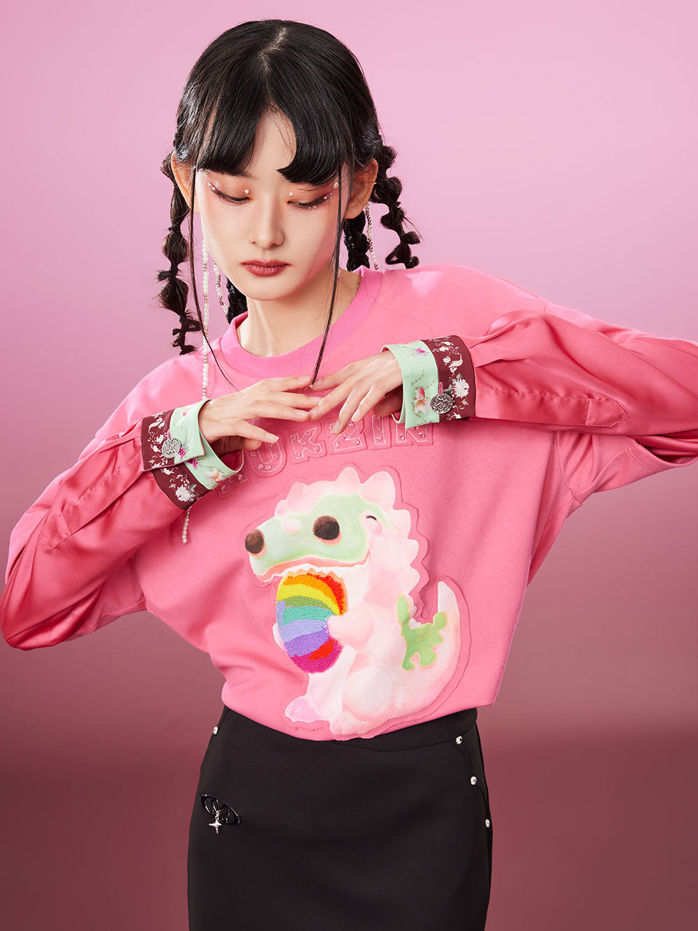 MUKZIN Fake Two-piece 2-color Embroidery School Style All-match T-shirts