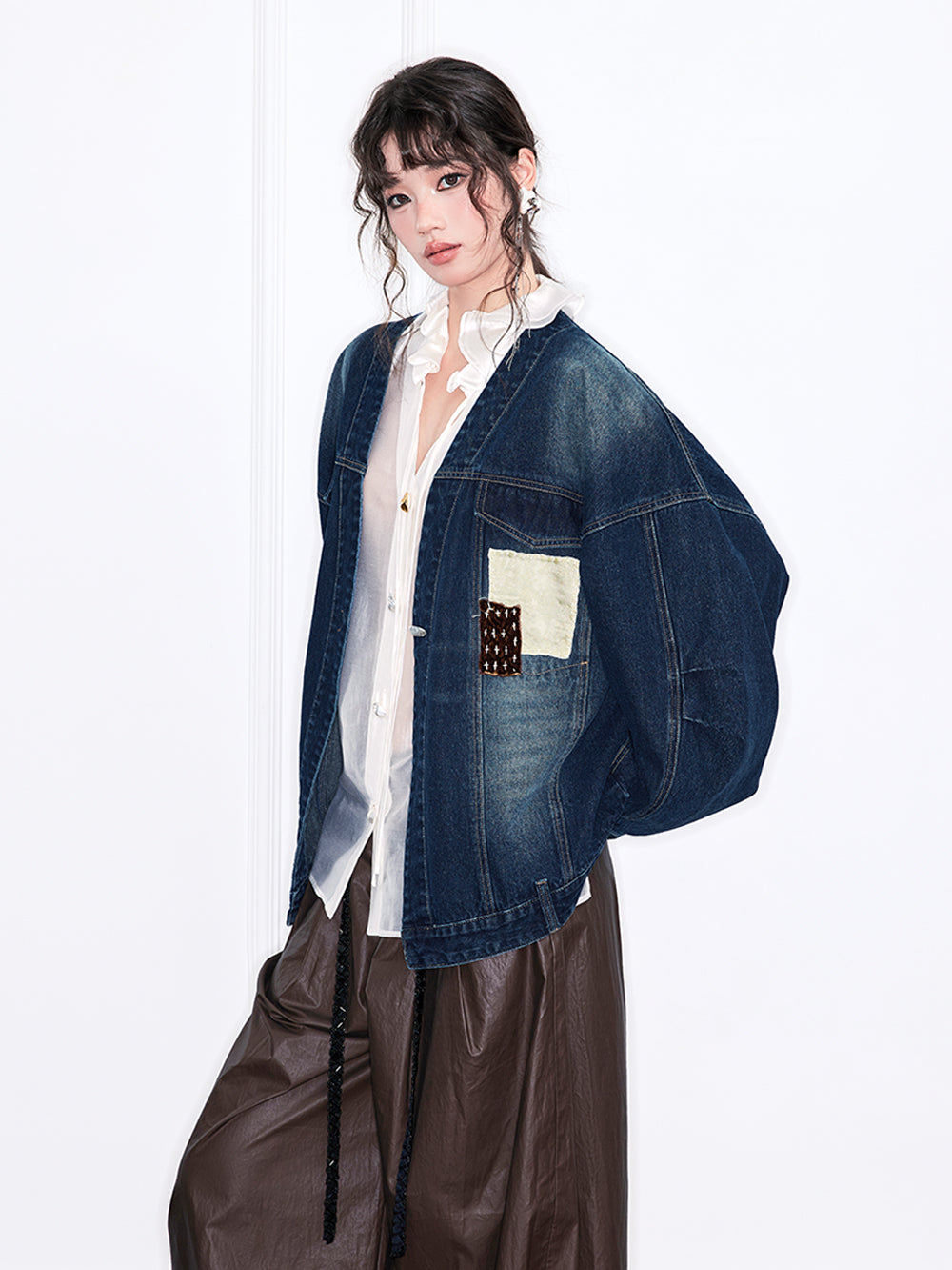 MUKZIN“Realm of Ethereal Mist”Intangible Cultural Heritage Applique - Embroidered Chinese - Style Cross - Collar Denim Jacket