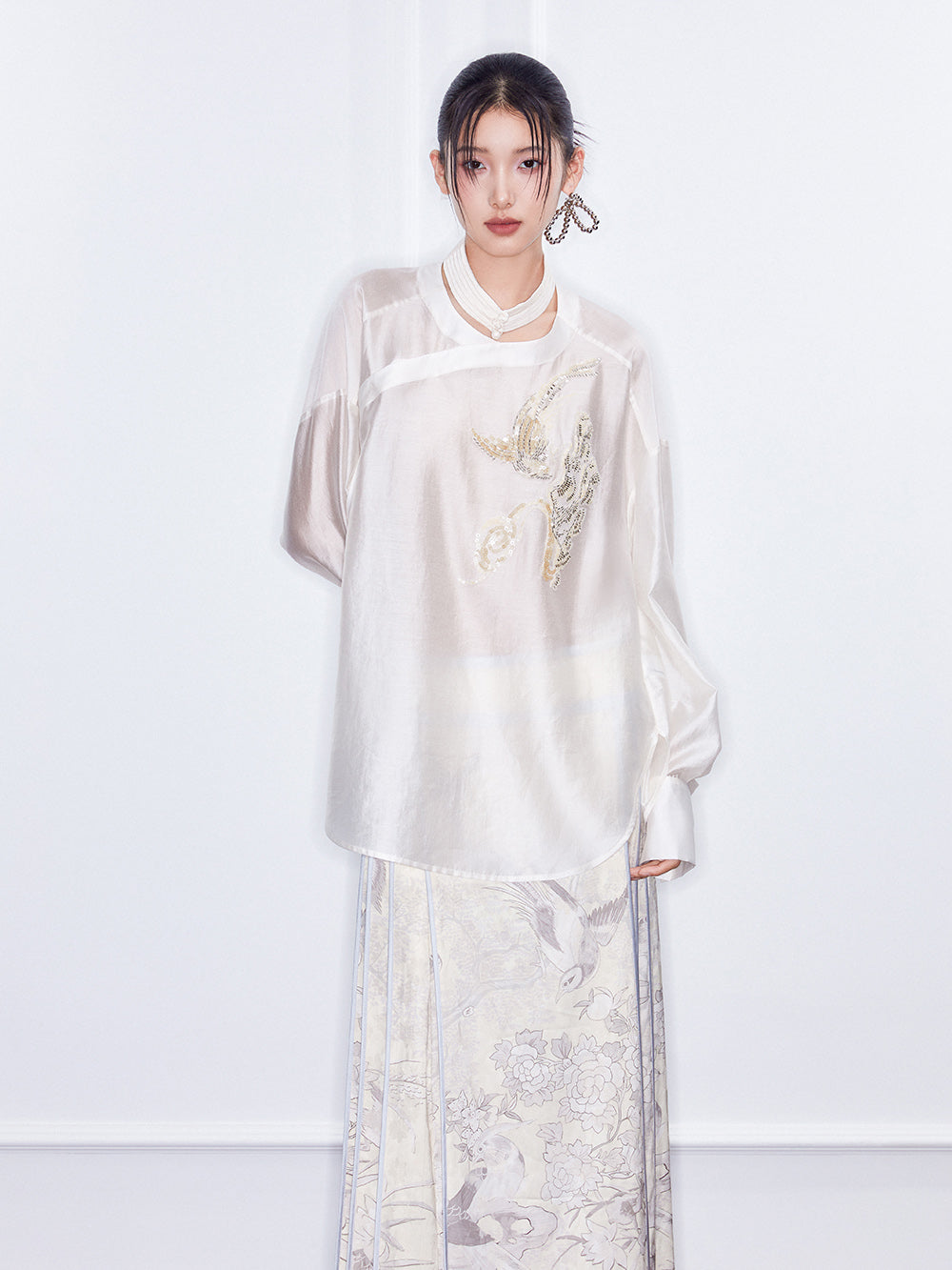 MUKZIN  SpringPrelude Chanting Pine Chinese - style Round - collar Translucent Traditional - style Shirt