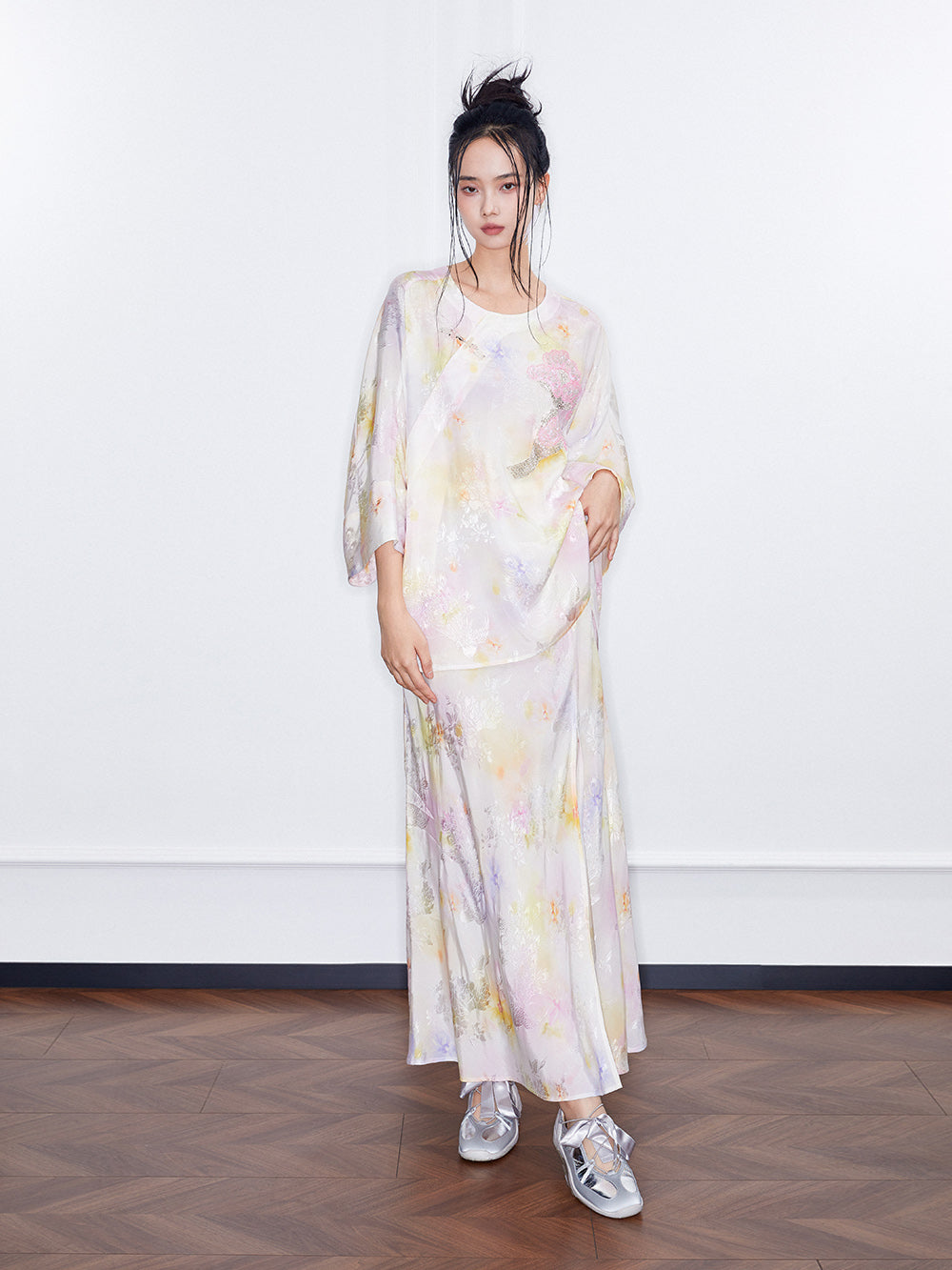 MUKZIN SpringPrelude Spring Mountain Drunk Gradient Printing Side-slit Big A-line Umbrella Skirt