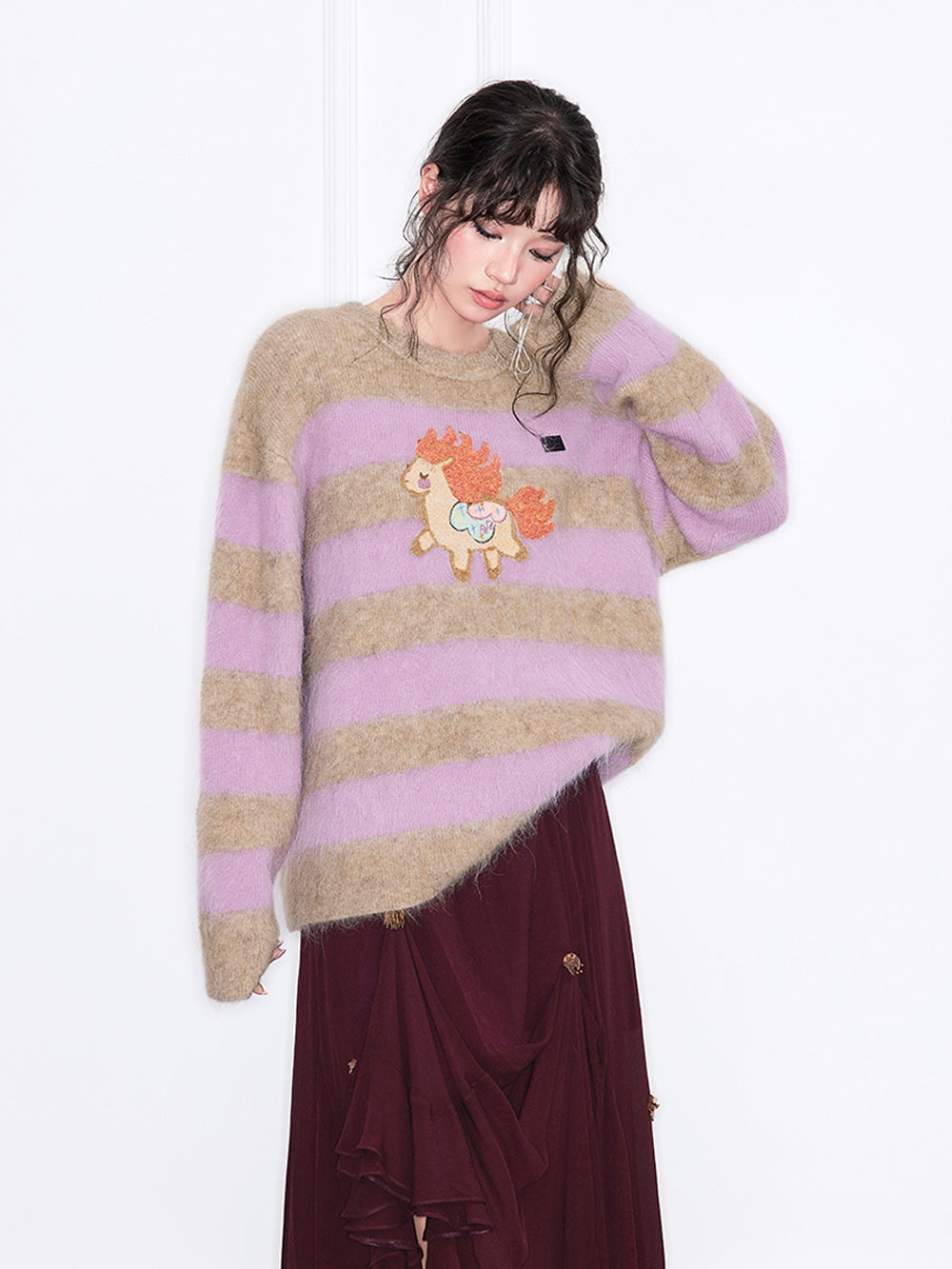 MUKZIN“Realm of Ethereal Mist”Cute Pony Embroidered Crew Neck Striped Knit Sweater