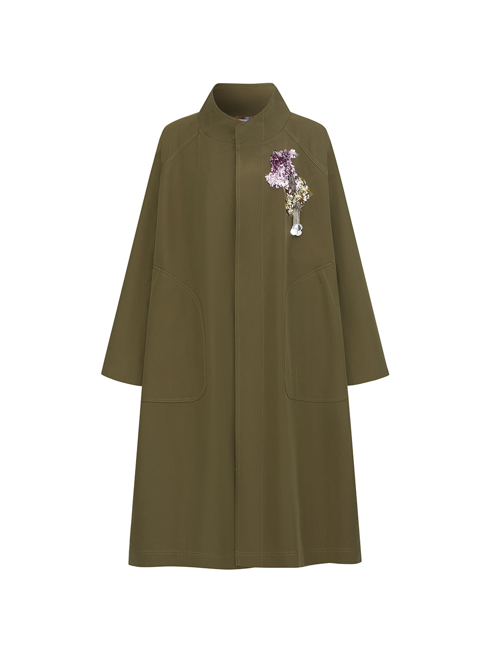 MUKZIN“Realm of Ethereal Mist”Olive Green Long Trench Coat with Floral Appliqué