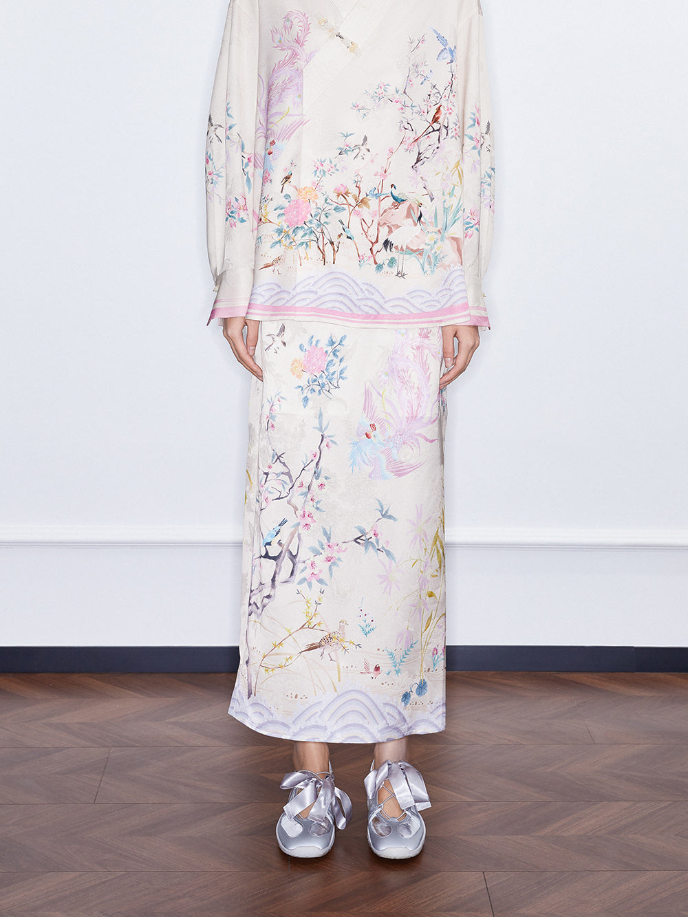MUKZIN SpringPrelude "Startled Swan" Jacquard Satin New Chinese-style Straight Tube Skirt