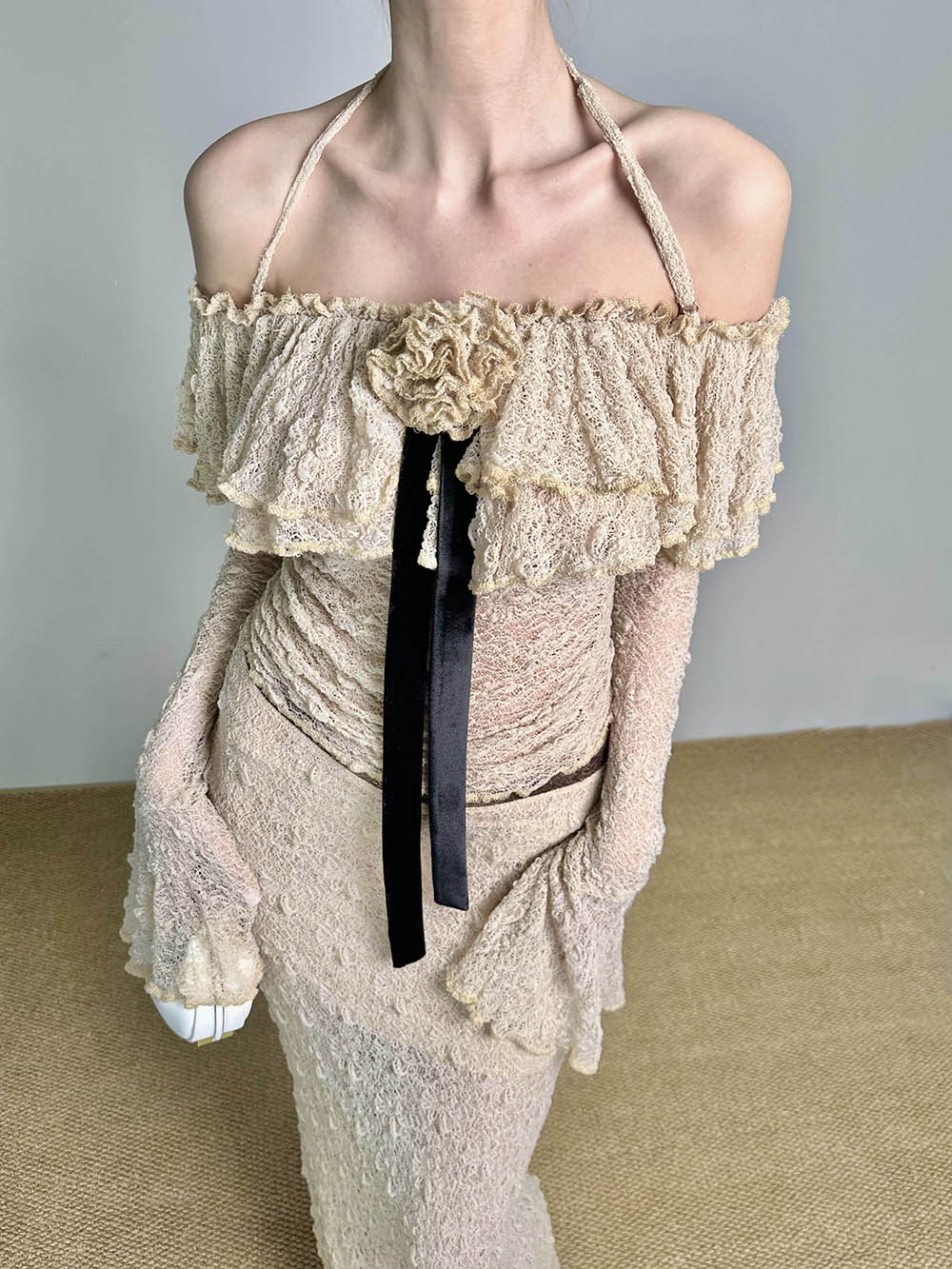MUKTANK×Jqwention Bubble Texture Off Shoulder Fringe Slim Two Piece Top