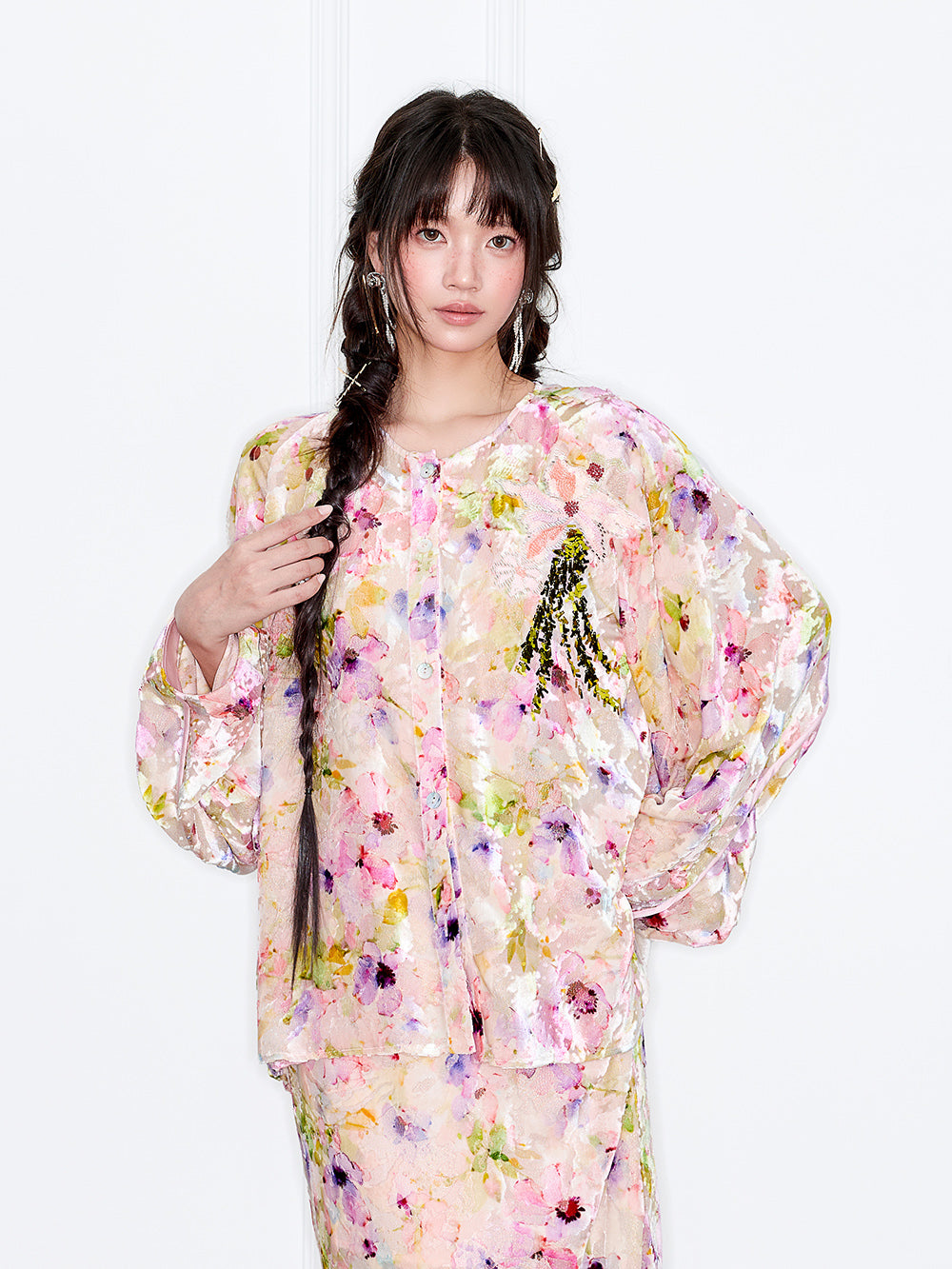 MUKZIN“Capsule Collection”Floral Watercolor Style Single-Breasted Embroidered Top