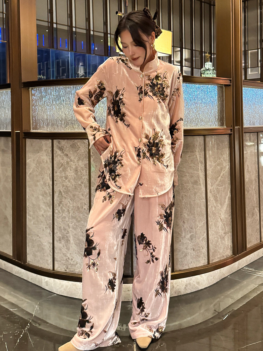 MUKZIN“Capsule Collection”Pink Floral Print Velvet Button-Down Shirt | Oriental Mandarin Collar Long Sleeve Blouse