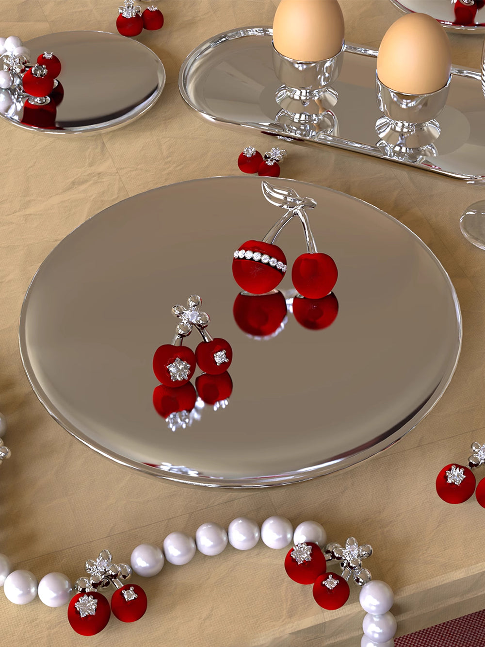MUKTANK×SUN HUNTER Velvet Cherry Earrings (with Leaves)