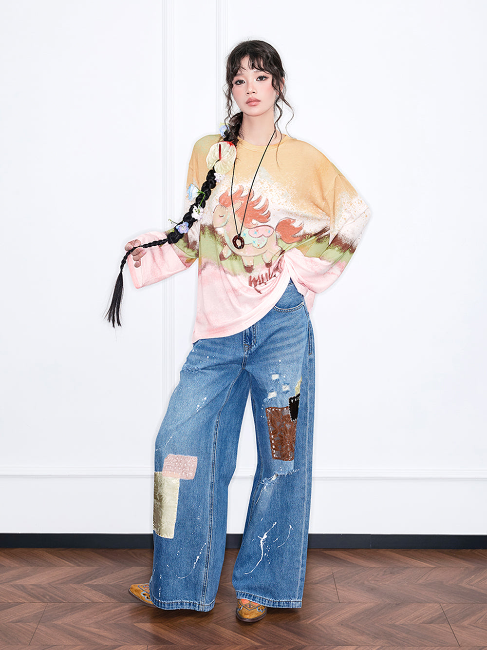 MUKZIN“Realm of Ethereal Mist”Gradient Cartoon Pony Printed Loose Long - Sleeve Top