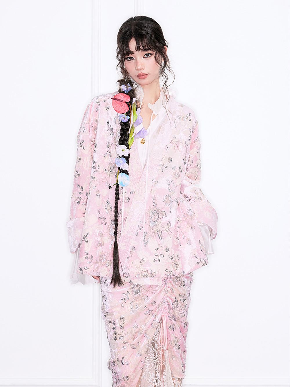 MUKZIN“Realm of Ethereal Mist”Pink Floral Jacquard Loose Cardigan
